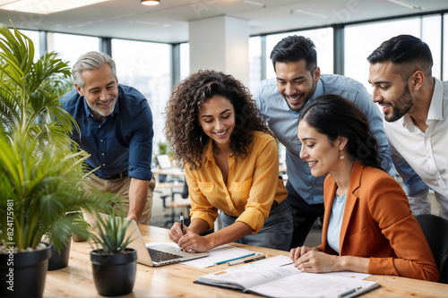 Diverse, multiracial creative team of people in the office, happy employees and ceo having brainstorming meeting, concept of teamwork and collaboration in business, healthy working environment