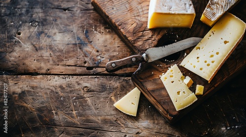 Top view of a variety of cheeses on a wooden cutting board with a knife. The cheeses have different textures and colors.