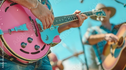 A musician plays a pink electric guitar on stage. The guitarist is wearing a blue shirt and jeans.