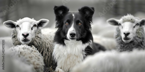 Border Collie Dog in Black and White Coat Guards Flock of Sheep. Concept Animals, Dogs, Sheep, Border Collies, Farm Life