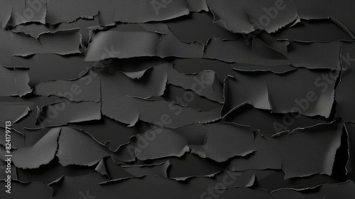 set of torn black paper pieces ripped edges isolated on black background cardboard texture overlay digital illustration