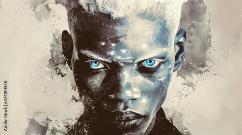striking portrait of an albino african american man with piercing blue eyes powerful contrast digital painting