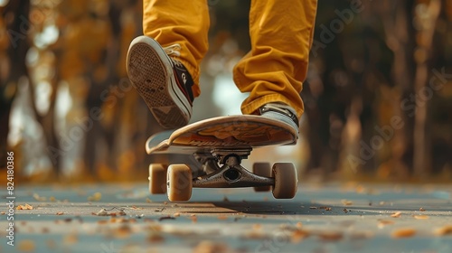 Illustrate a closeup of a skateboarder s feet as they perform a complex trick, with the skateboard flipping beneath them, Close up
