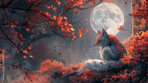 Illustrate a cunning kitsune with multiple tails, shapeshifting in a Japanese forest under a full moon, Close up