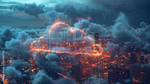 Illustrate a digital cloud hovering above a city, symbolizing cloud computings role in connecting devices and data, Close up