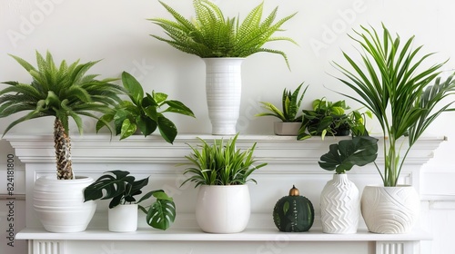 verdant indoor plants adorning white mantel modern living room interior design