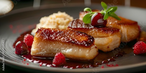 Michelinstarred restaurant serves gourmet seared foie gras with red fruits. Concept Fine Dining, Gourmet Cuisine, Seared Foie Gras, Michelin-Starred Restaurant, Red Fruits