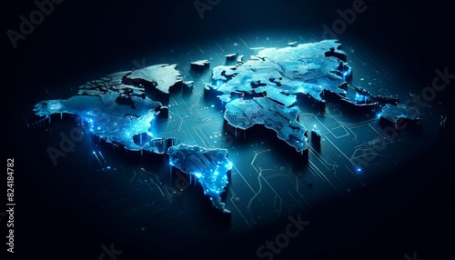 Map of the world with glowing lights, perfect for global business presentations, travel websites, technology concepts, and educational materials.
