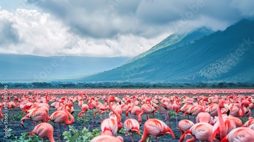 A flock of pink flamingos are standing in a lake surrounded by trees