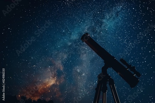 Telescope pointed at starry night sky