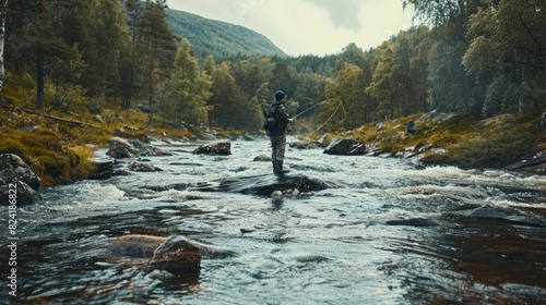 fly fisherman with black jacket fishing in the middle of the river in a mountain river in summer