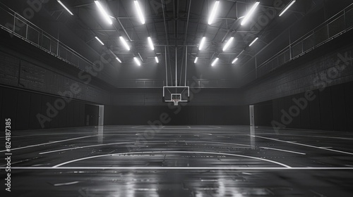 Black and white basketball court with hoop in dark room. Dark gymnasium background.