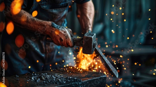 Blacksmith hammering hot metal on anvil with sledgehammer in a close up