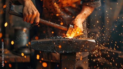 Blacksmith hammering hot metal on anvil with sledgehammer in a close up