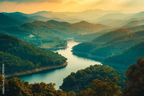 scenic landscape with mountains, forests, and a winding river, perfect for adventure travel.