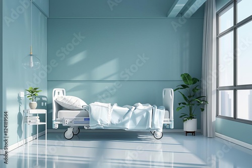 hospital isolation room with serene blue background 3d rendering side view illustration