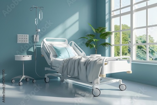 hospital isolation room with serene blue background 3d rendering side view illustration