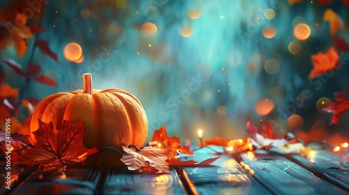 Art thanksgiving holiday party background, autumn pumpkin and holidays light decoration