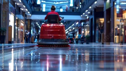 cleaner assembling a floor scrubbing machine in a shopping center generative ai