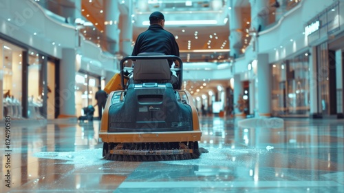 cleaner assembling a floor scrubbing machine in a shopping center generative ai