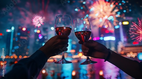 A couple raises their glasses of wine in a toast, with fireworks and a city skyline in the background.