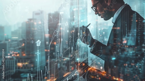 Businessman drawing a graph and chart with a city background in a double exposure style. The drawing is oriented vertically. The image is high resolution.