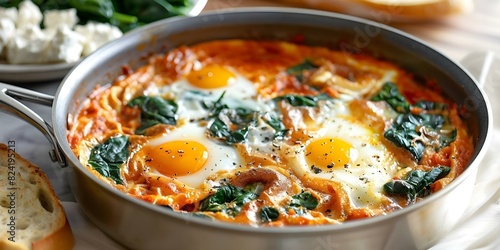 Mediterranean Shakshouka Recipe with Eggs, Spinach, Sheep Milk Cheese, and Ciabatta in a Pan. Concept Breakfast Recipe, Shakshouka, Mediterranean Cuisine, Spinach and Cheese, Ciabatta Bread