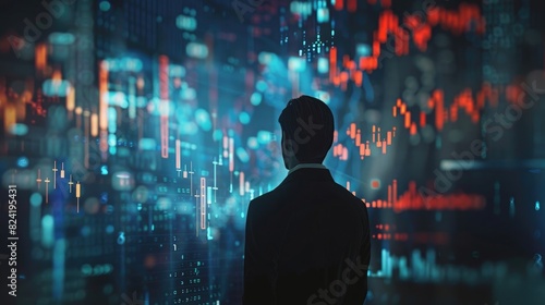 Businessman standing in front of digital screen with a stock market graph and financial chart on a dark background,
