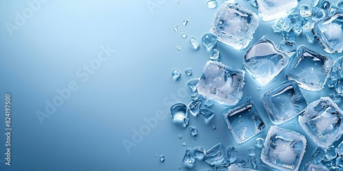 Top view of frosty ice cubes on blue background perfect for drinks. Concept Ice Cubes, Drinks Photography, Top View, Blue Background, Frosty Texture