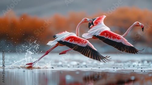 A group of flamingos flying over the lake