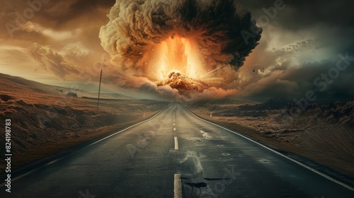 A dramatic image of a winding road leading towards a towering mushroom cloud from a nuclear detonation, illustrating the path to nuclear catastrophe