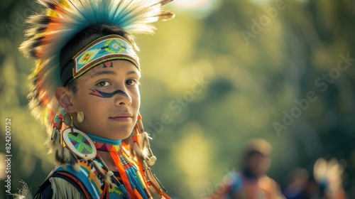 The close up picture of the native american teenage is wearing the costume of traditional dancer with blur background, the traditional dancer require cultural knowledge and dancing technique. AIG43.