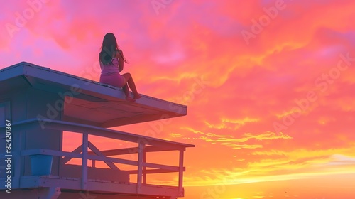 A beautiful young woman sits on a lifeguard tower and gazes out at the ocean. The setting sun casts a pink and purple glow over the sky.