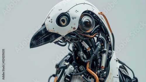 Close-up of a white robotic bird with intricate details and expo