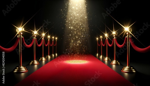 授賞式、レッドカーペット、スポットライト、金色の紙吹雪、背景イメージ｜Award ceremony, red carpet, spotlight, golden confetti, background image.