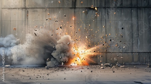 Explosion breaking through a concrete wall, detailed depiction of destruction and chaos