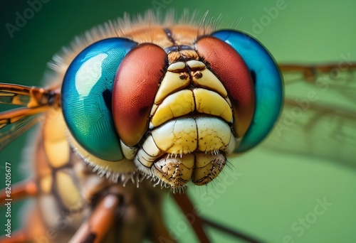 A close-up macro shot of a large orange and green dragonfly head , showcasing its compound eyes, antennae, and intricate facial features