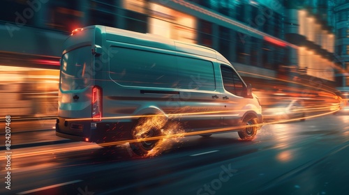 High-speed logistics van with wheels on fire, cutting through city traffic, a symbol of fast and reliable delivery services