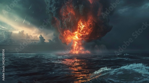 Oceanic nuclear explosion, towering fire plume, water igniting into flames, apocalyptic scene