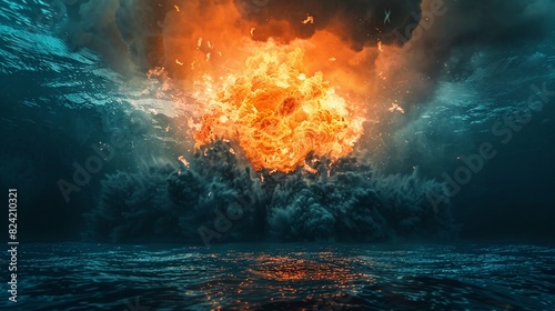 Underwater nuclear detonation, colossal fireball emerging from the depths, ocean ablaze with intense flames