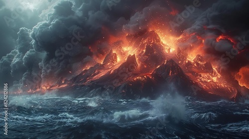 Illustrate a primordial Earth, with volcanic activity and the formation of oceans under a turbulent sky, Close up