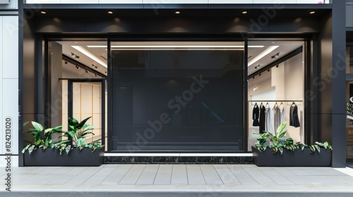 A black and red storefront with a large window