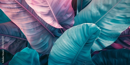 A composition of various large leaves in shades of teal, pink, and purple overlapping each other on an isolated pastel background with soft lighting. nature.