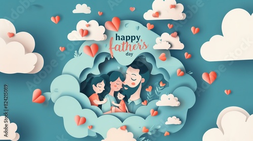 A paper-cut illustration of a family holding together, with "happy father's day" text
