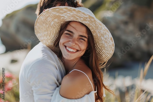 joyful woman in sunhat embracing smiling boyfriend happy couple in love candid lifestyle portrait