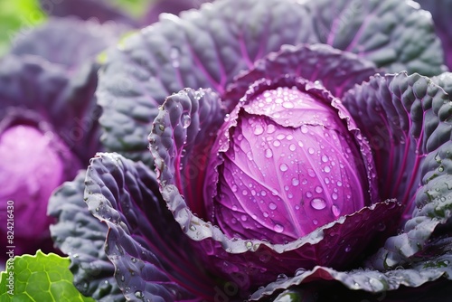 A purple cabbage with droplets of water on it