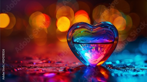 A heart-shaped glass with rainbow-colored liquid on the table, dark background, soft light, macro photography, in the style of Nikon D850, high resolution, high detail, depth of field, blurred
