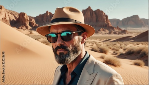 handsome middleaged bearded guy on desert background fashion portrait posing with hat and sunglasses