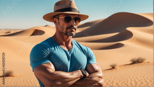 handsome middleaged muscular guy on desert background fashion portrait posing with hat and sunglasses
