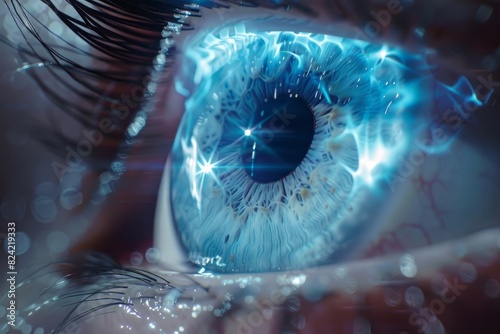 Realistic hologram of human eye and real eye close-up.Laser eye surgery, cataract, ophthalmologist